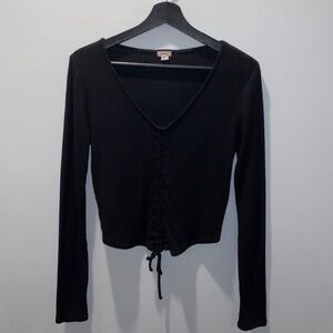 Garage Ribbed Cinch Front Long-Sleeve V-Neck Crop Top